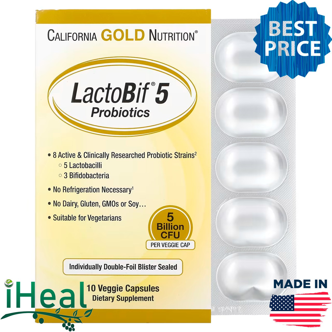 

California Gold Nutrition, LactoBif, пробиотики, 5 млрд КОЕ, 10 вегетарианских капсул