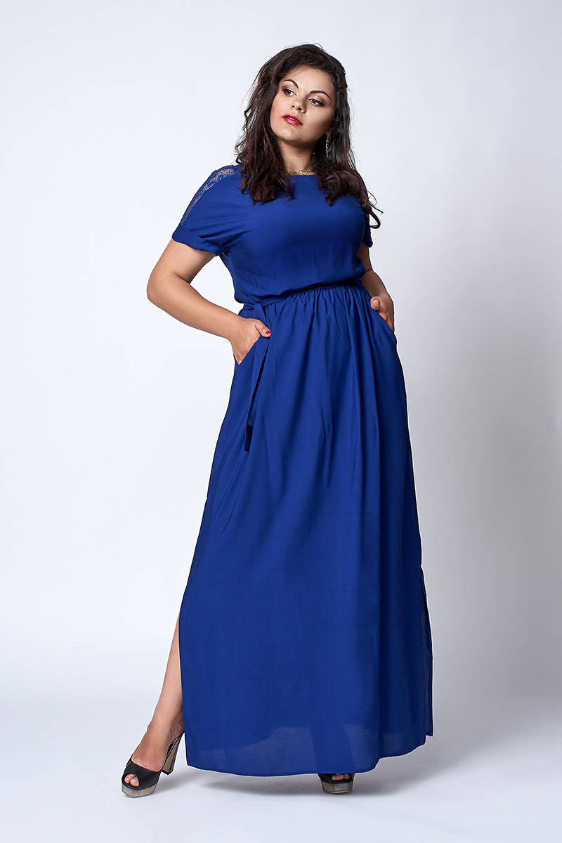 

Красивое длинное женское платье с поясом цвета электрик 58