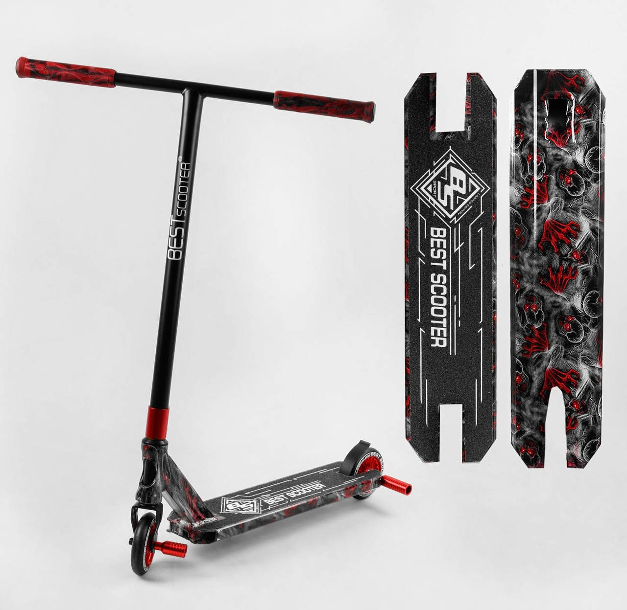 

Трюковой самокат с принтом череп (8-16 лет) Пеги Красный Best Scooter HIC-система алюм колеса 11см