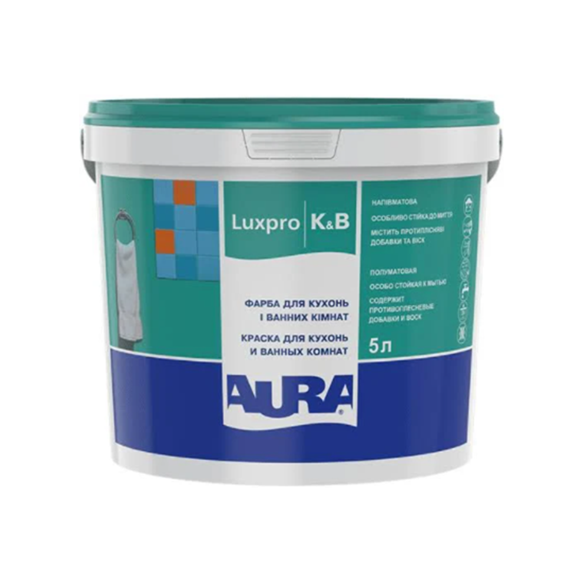 

Моющаяся краска для кухонь и ванных комнат Aura Luxpro K&B 5л, Белый