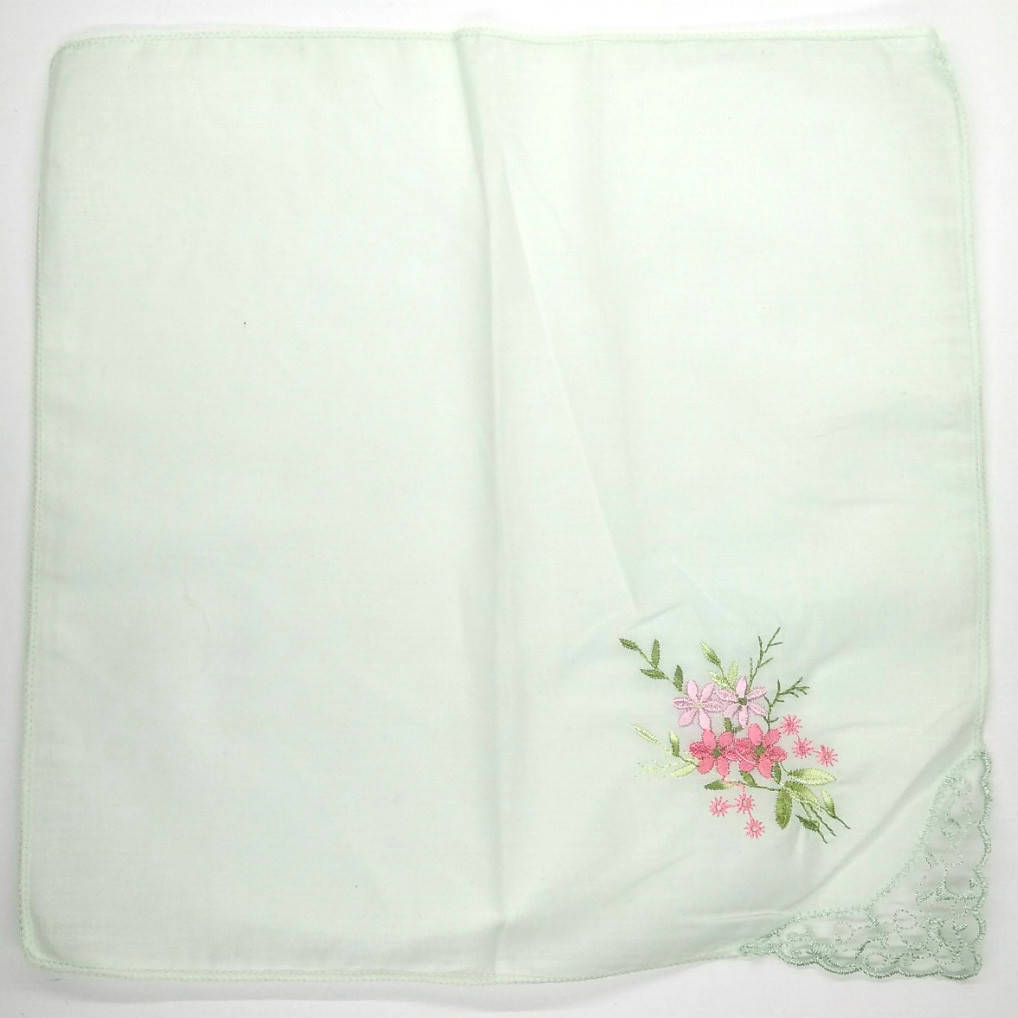 

Женские носовые платки салатовые с вышивкой и кружевом 28*28см Вариант №3, Зелёный