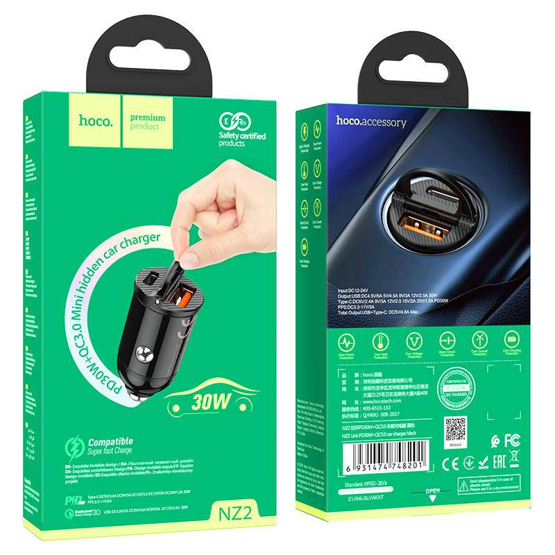 

Автомобильная зарядка Hoco NZ2 4.8A USB PD Type-C QC3.0 30W Black, Черный