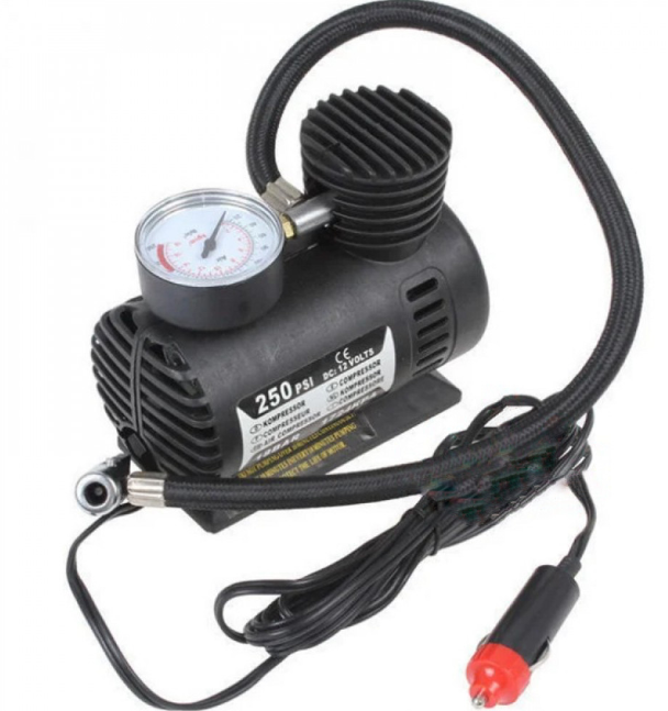 

КОМПРЕССОР ДЛЯ ПОДКАЧКИ КОЛЕС АВТОМОБИЛЬНЫЙ AIR COMPRESSOR 250 PSI С МАНОМЕТРОМ C 184