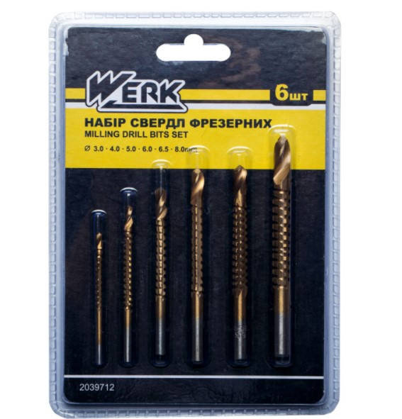 

Набор фрезерных сверл 6шт, (дерево, алюминий, МДФ, металл, пластик) 3, 4, 5, 6, 6.5, 8мм WERK 107752 (2039712)