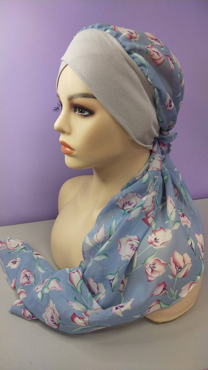 

Чалма летняя 54-60 рр голубая шифон на повязке трикотажной "Вуалька" натуральная ткань, Голубой