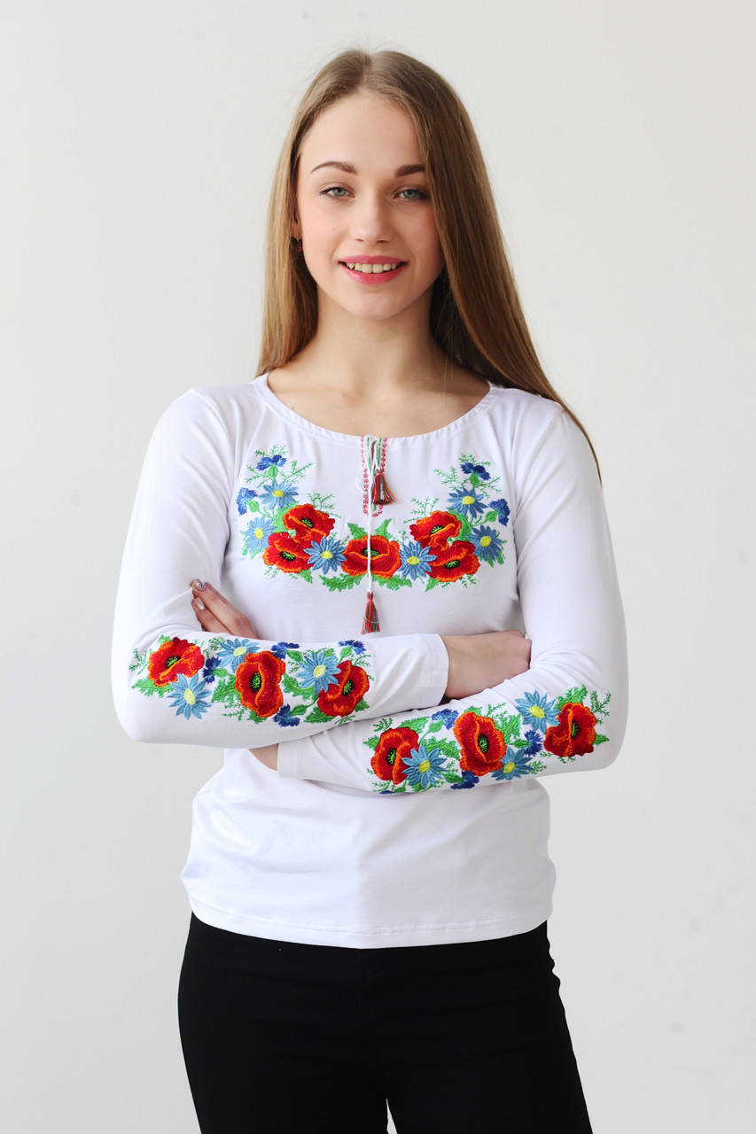 

Невероятная женская вышитая футболка на длинный рукав, с вышивкой на рукавах маки. В-7, Белый