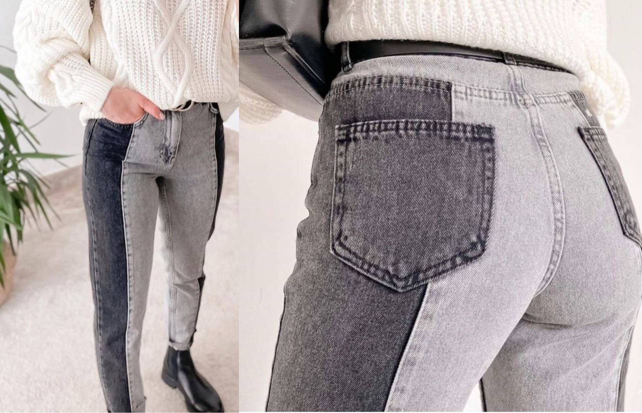 

Джинсы двухцветные женские МОМ светло серые / темно серые с высокой посадкой