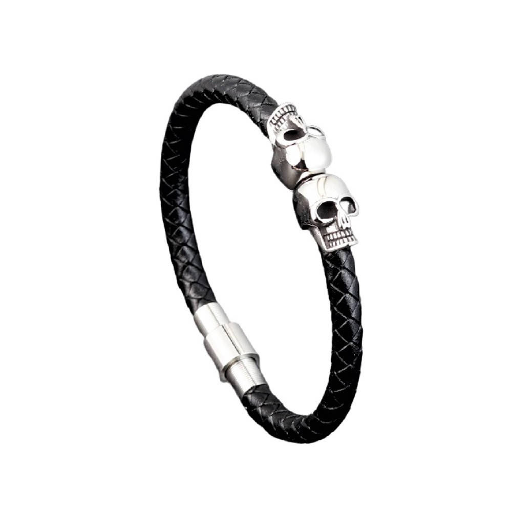 

Браслет кожаный плетеный "Два черепа" Black-silver