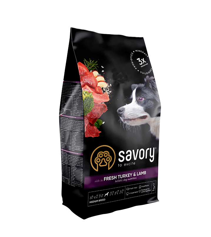 

Savory корм холистик для собак средних пород 1кг (индейка и ягненок)