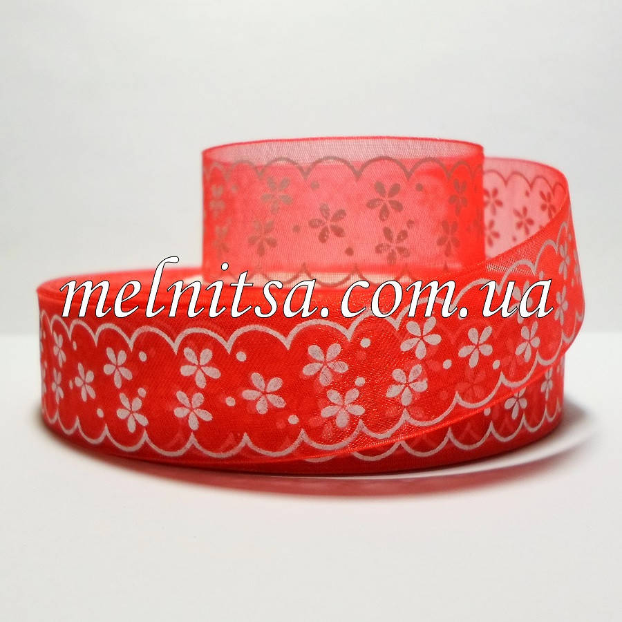 

Лента из органзы, 2,5 см, красная с белым узором, Розовый