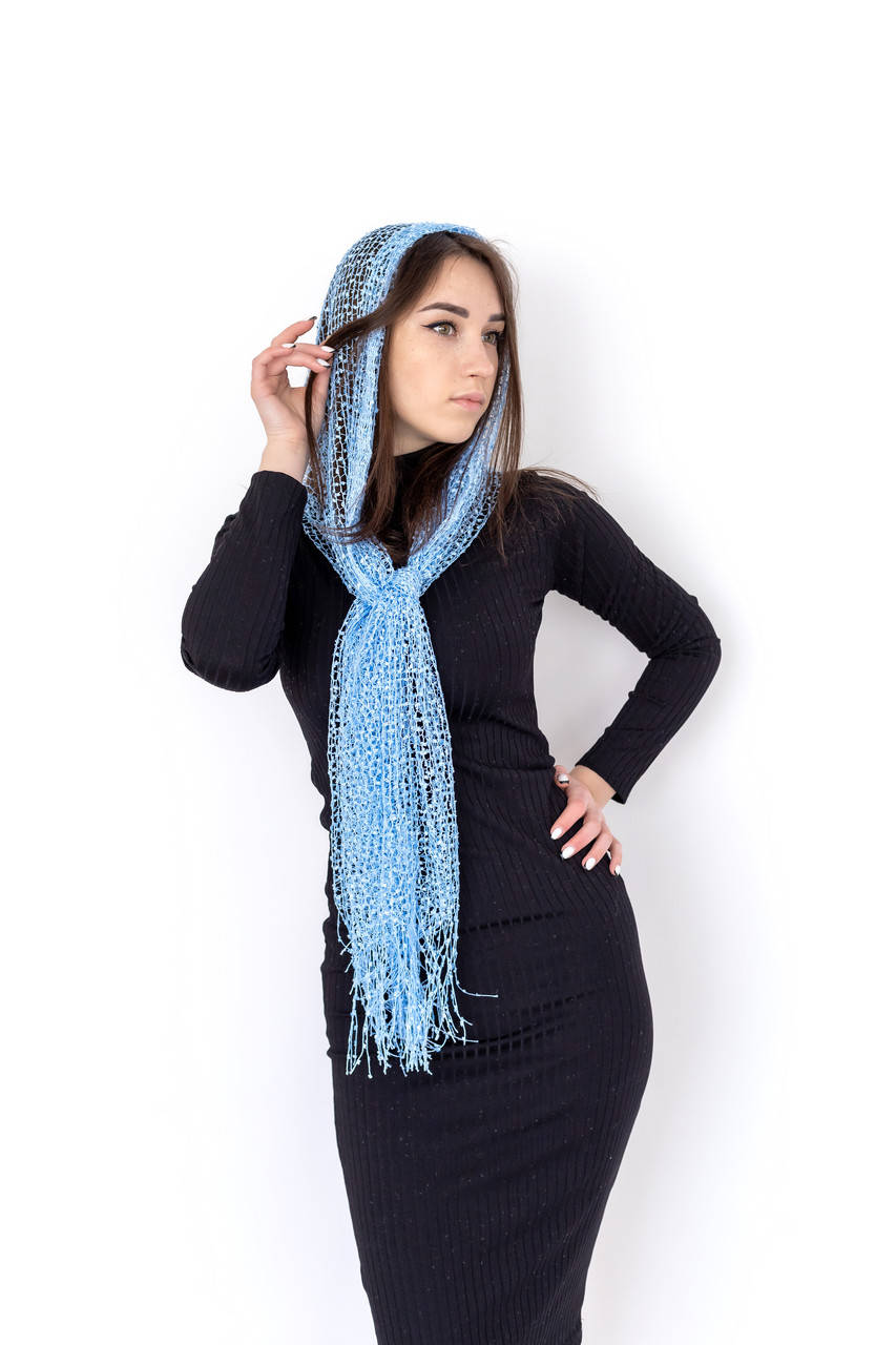 

Шарф нарядный женский в сетку прозрачный с бахромой легкий Голубой