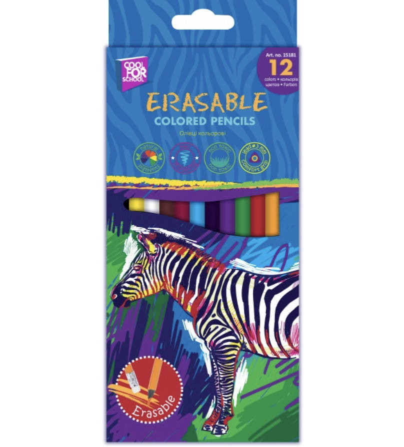 

Карандаши цветные COOLFORSCHOOL "ERASABLE " 12 шт пластиковые, стираются, триугольные, с резинкой