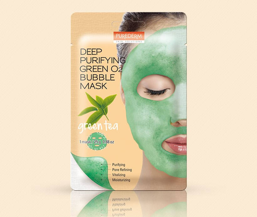 

Кислородная маска для лица PUREDERM Deep Purifying Pink O2 Bubble Mask Green Tea