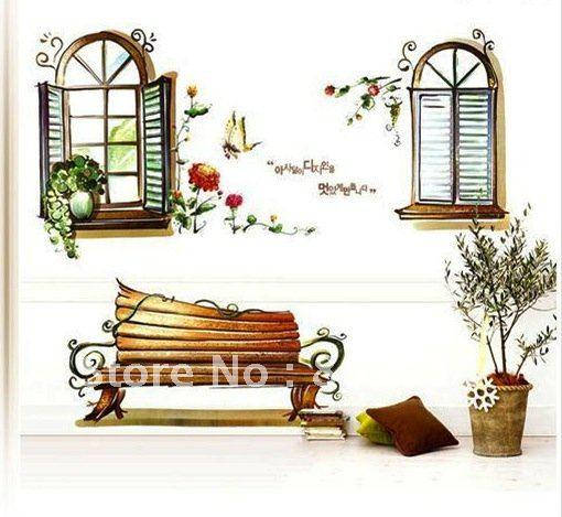 

Наклейки интерьерные Виниловые Окна в сад, скамейка