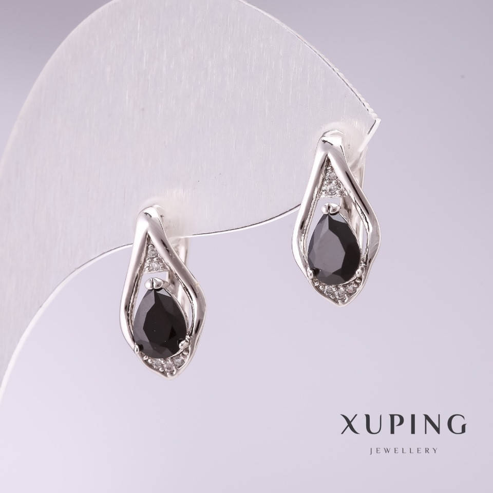 

Серьги Xuping с черными камнями 16х8мм родий