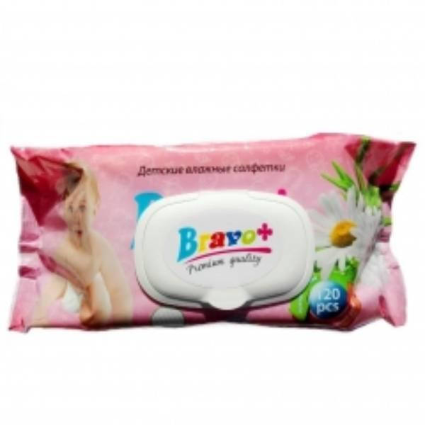 

Салфетки влажные (120шт) Детская розовая,голубая (клапан) BRAVO