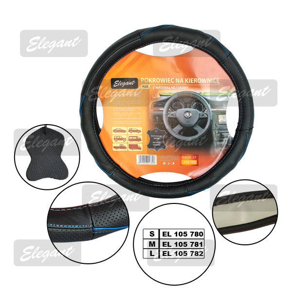

Чехол руля кожа S Elegant 105780 черная с голубой нитью, Черный