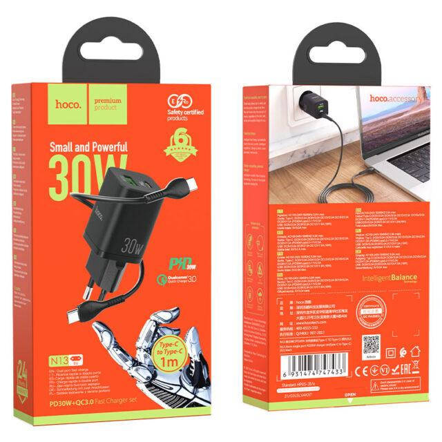 

Быстрое зарядное устройство зарядка HOCO N13 Bright PD30W+QC3.0 USB-A/USB-C Black + кабель USB-С - USB-C, Черный
