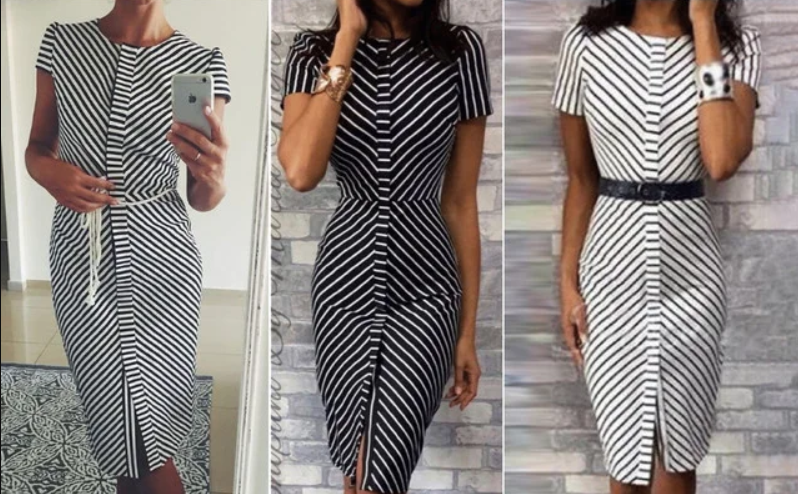 

Платье женское в полосу приталенное по колено 24-70 размер 4446