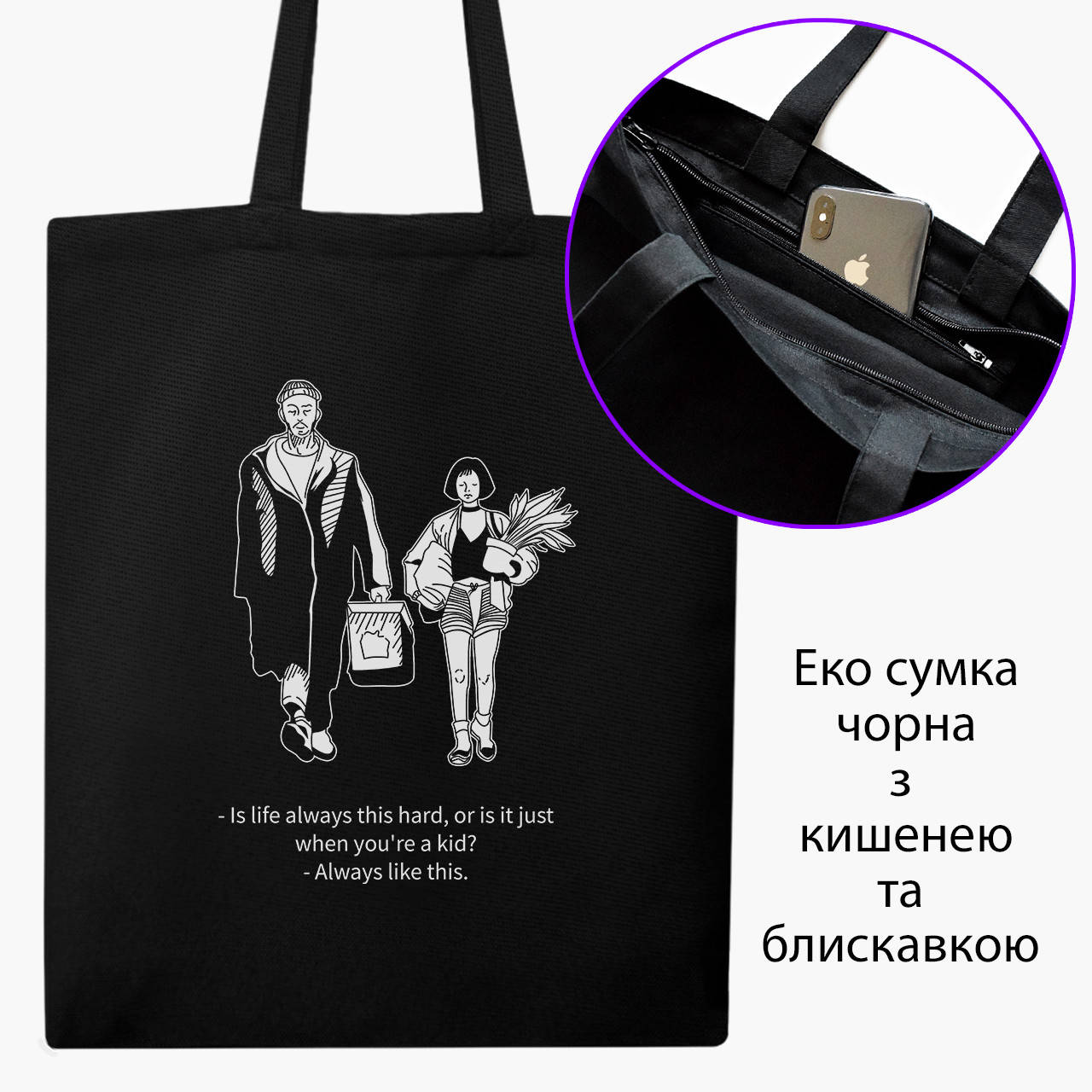 

Эко сумка Леон киллер (Leon) (9227-1454-BKZ) черная на молнии с карманом, Черный