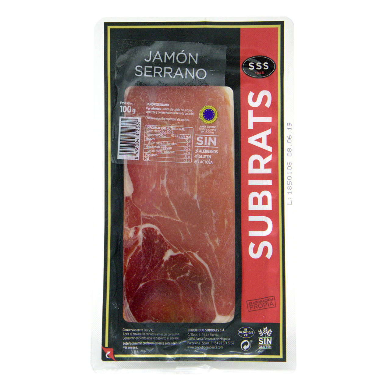 

Хамон Subirats Jamon Serrano Gas нарезка, 100г, 20шт/ящ