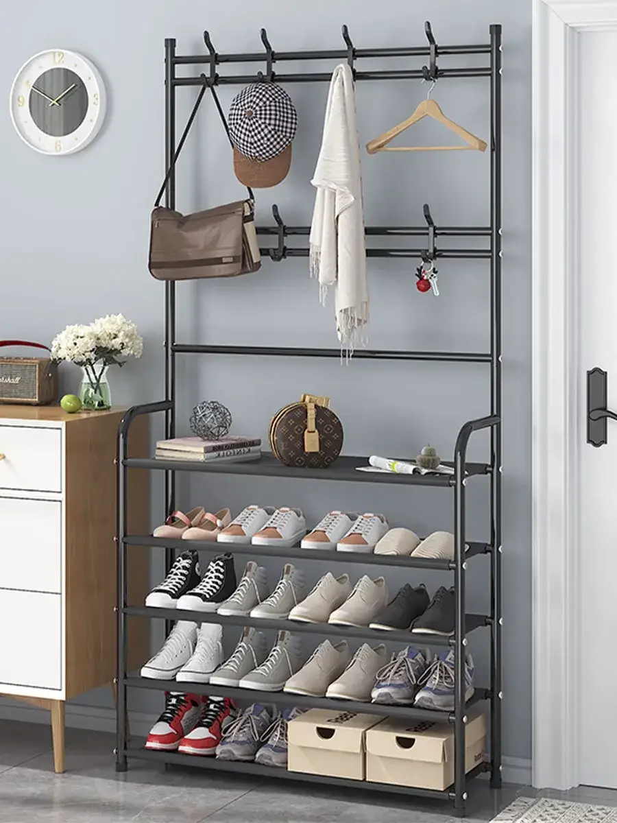 

Вешалка напольная с полками для обуви New simple floor clothes rack чёрная, Черный