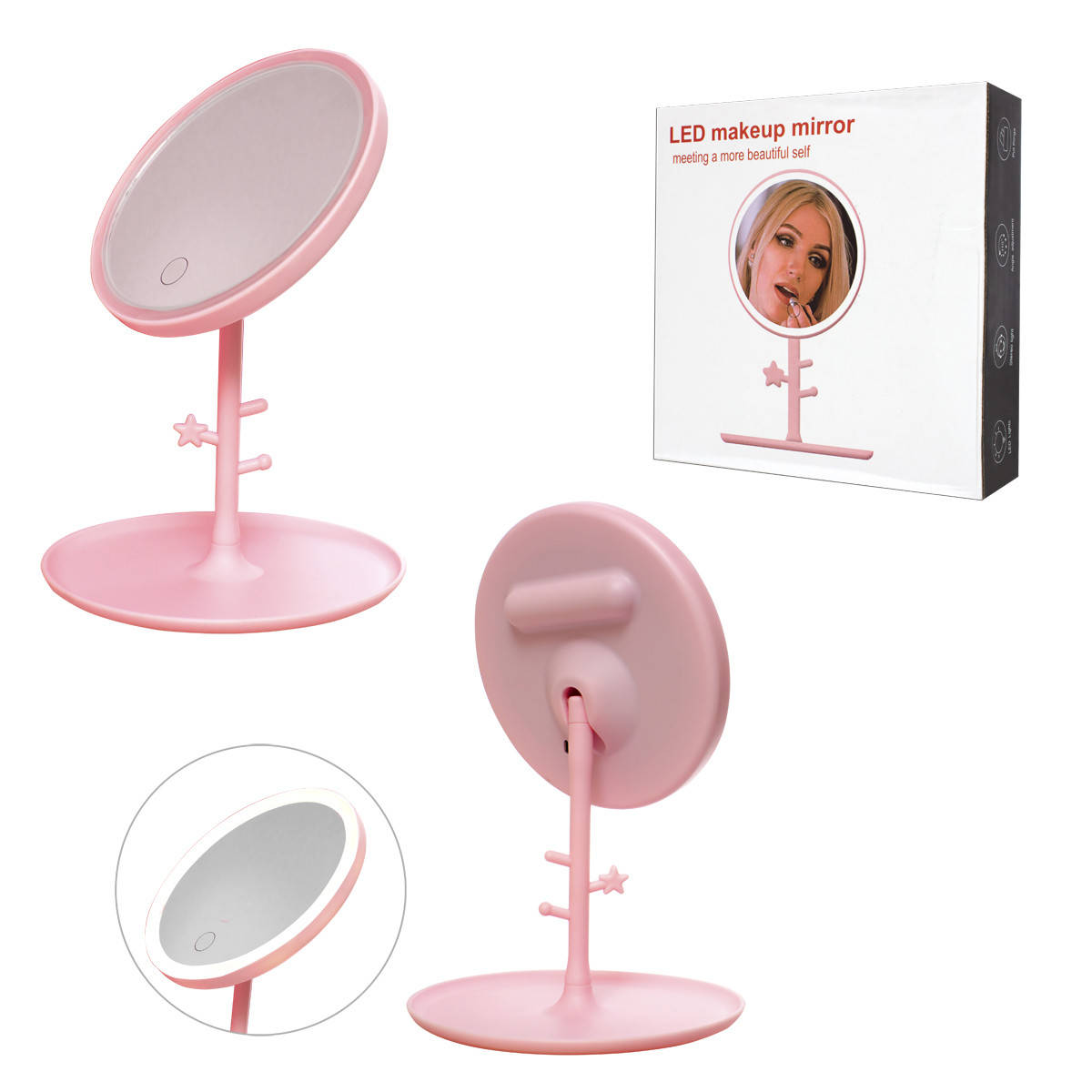 

Зеркало для макияжа Led makeup mirror настольное диаметр 17 см, Розовый