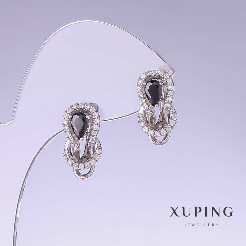 

Серьги Xuping с черными цирконами L-17мм s-9мм родий 18к