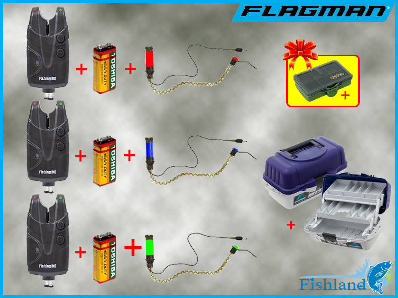 

Сигнализаторы Fishing Roi X5Pro 3 шт. + Свингера с подключкой 3 шт. + Ящик Flagman на 2 полки + ПОДАРОК !