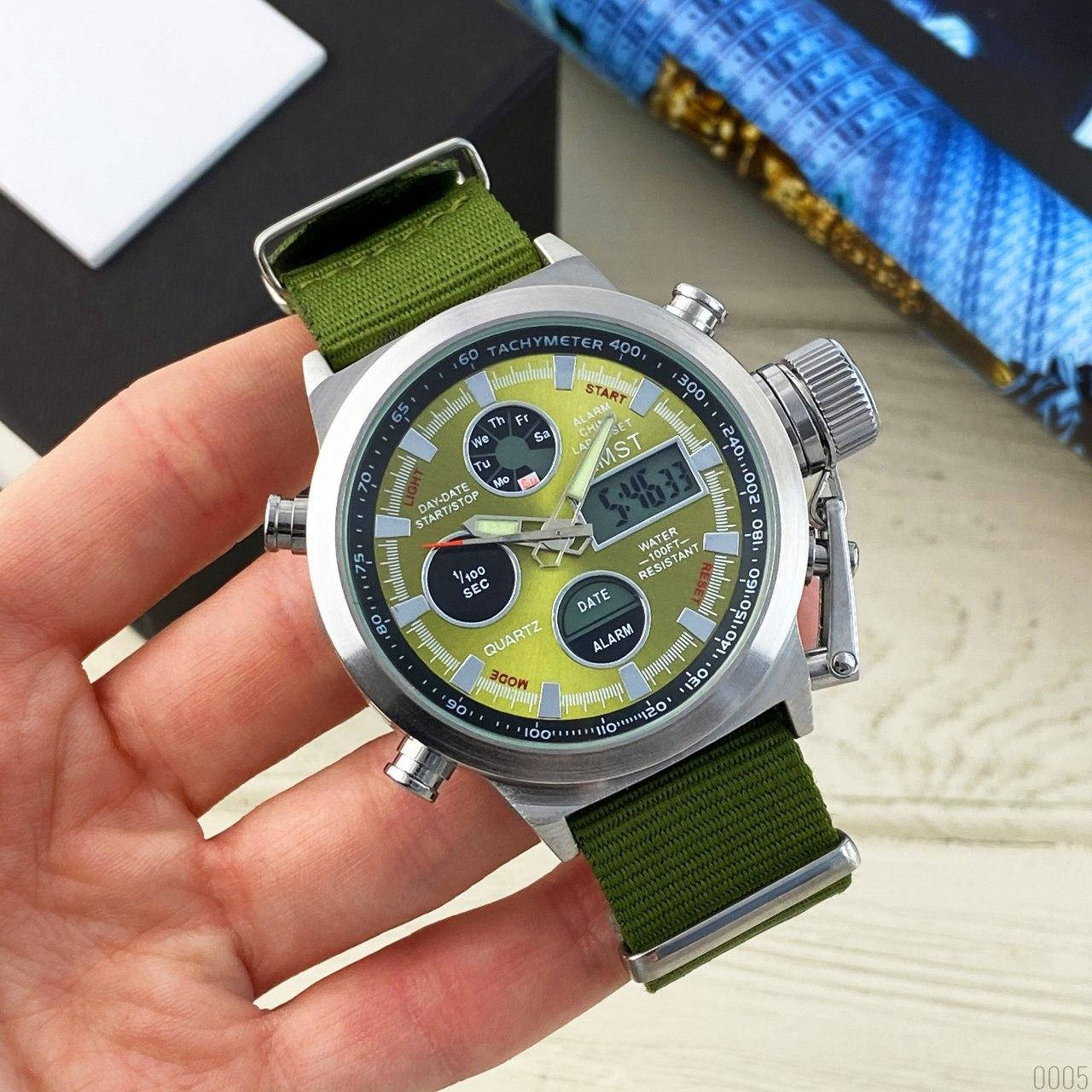 

Армейские мужские часы AMST 3003А Silver-Green Green Wristband тактические военные