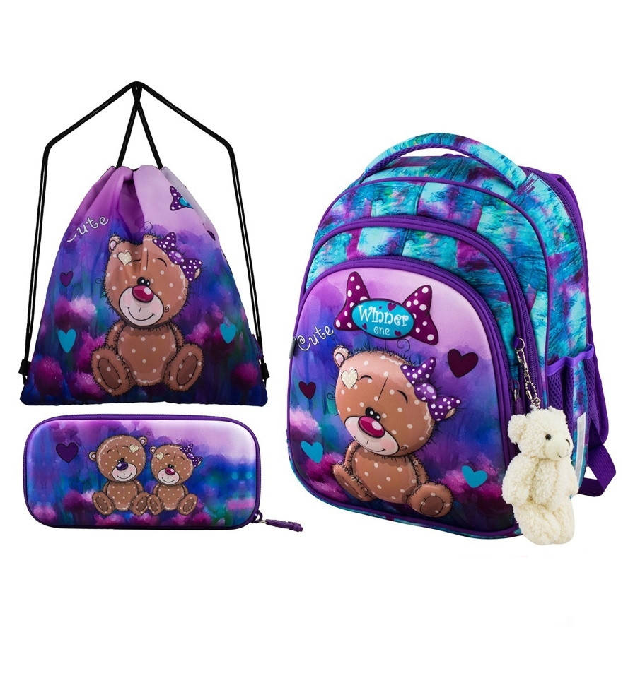 

Рюкзак для девочки в 1-3 класс школьный каркасный в наборе пенал и сумка для обуви Winner One 5005, Бирюзовый