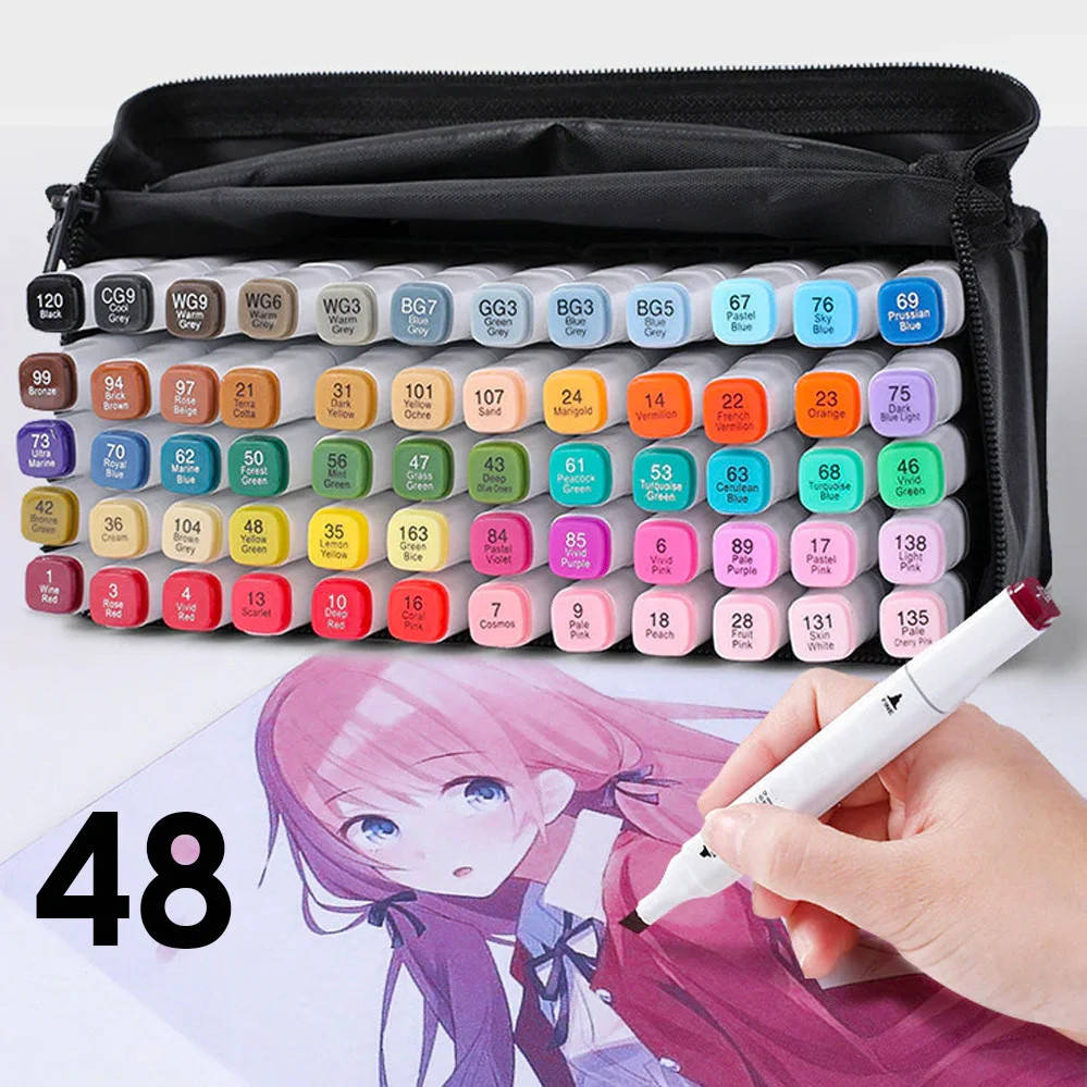 

Набор скетч маркеров 48 шт для рисования двусторонние профессиональные спиртовые фломастеры белые, Разные цвета