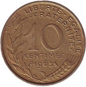 

Монета 10 сантимов. 1962 - 2001 год, Франция.