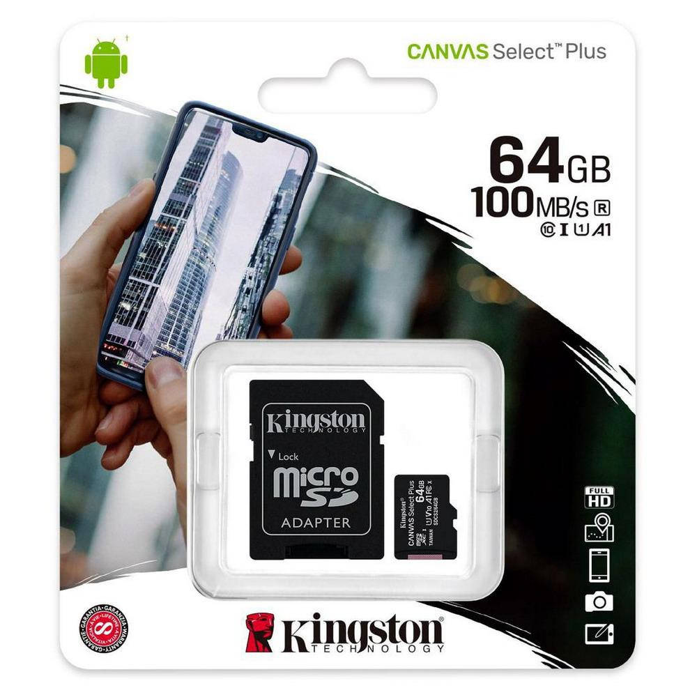 

Карта памяти microSDXC 64GB Class 10 UHS-I Kingston CANVAS Select Plus (SDCS2/64GB) R100MBs с адаптером новая