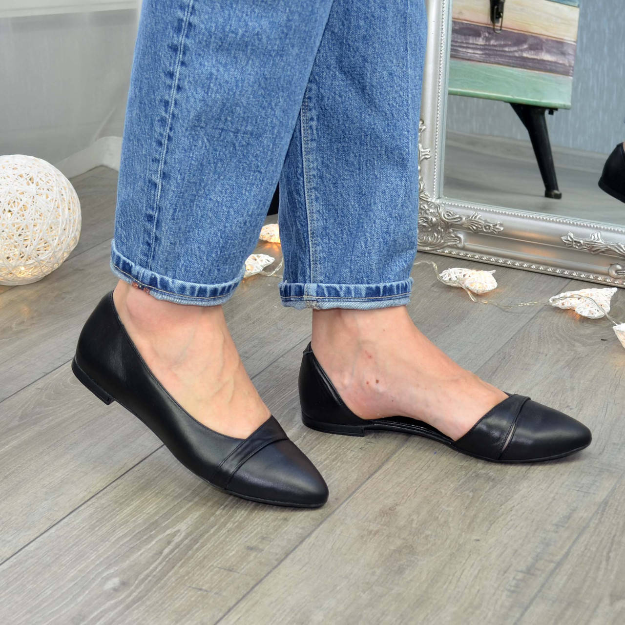 

Кожаные черные женские балетки на низком ходу, Черный