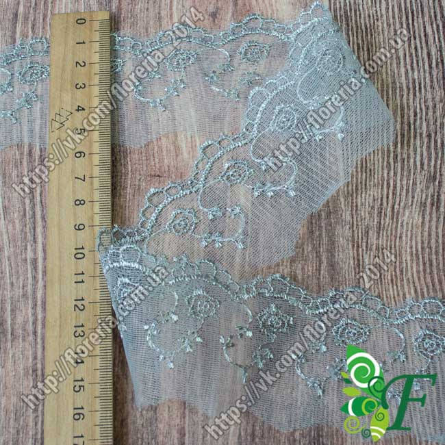 

№049 Кружево на сетке Вьющаяся роза_серое_1м. Кр-сетка-09, Серый