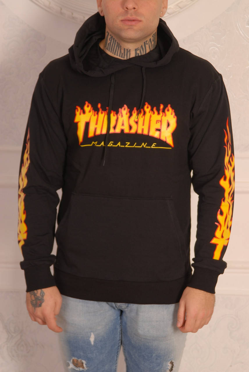 

Мужское худи черное Thrasher с принтом ,сезон весна осень M, Черный