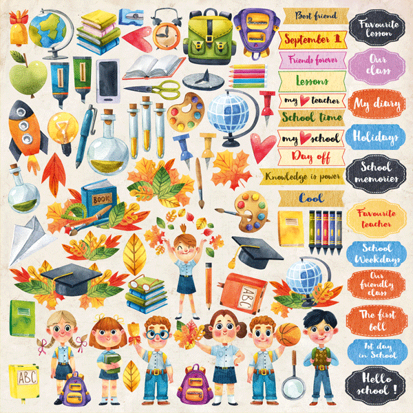 

Папір з елементами для вирізання - Back to School ENG - Fabrika Decoru - 30x30