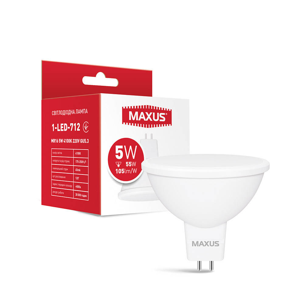 

LED лампа MAXUS MR16 5W 4100K 220V GU5.3 (1-LED-712)