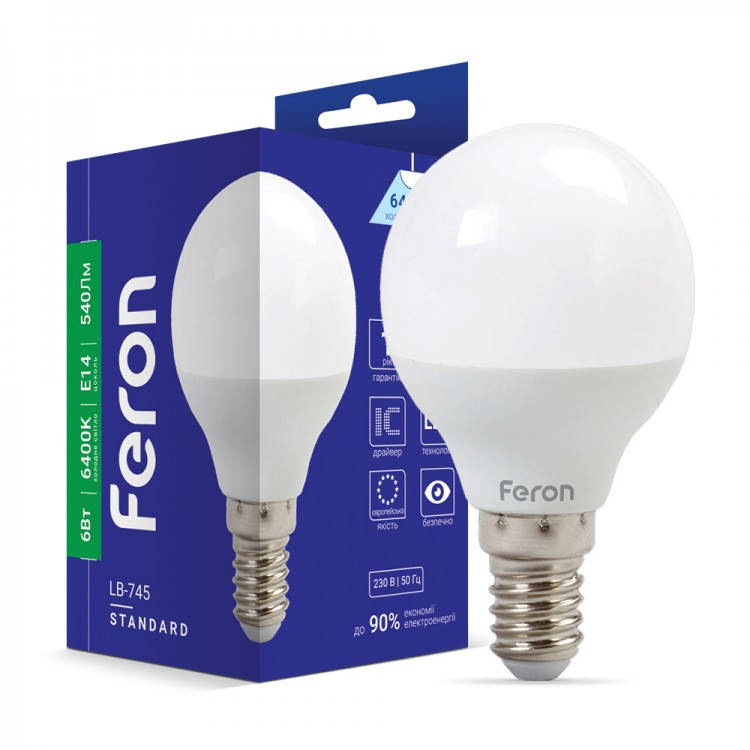 

Светодиодная лампа Feron LB-745 6W E14 6400K шар