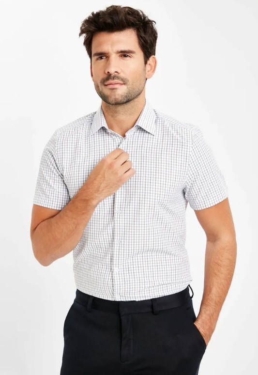 

Белая мужская рубашка LC Waikiki / ЛС Вайкики в сине-коричневую клетку, с коротким рукавом, Белый