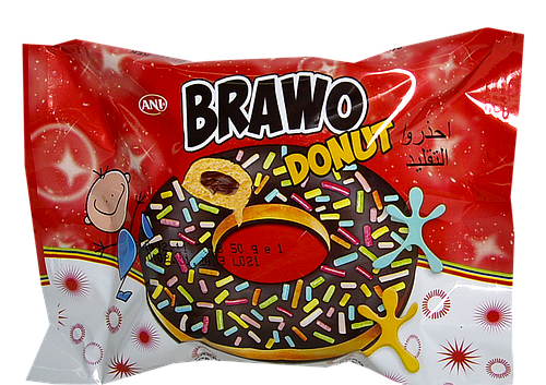

Пончик Brawo Donut с шоколадным кремом и цветными гранулами 50г в блоке 24шт