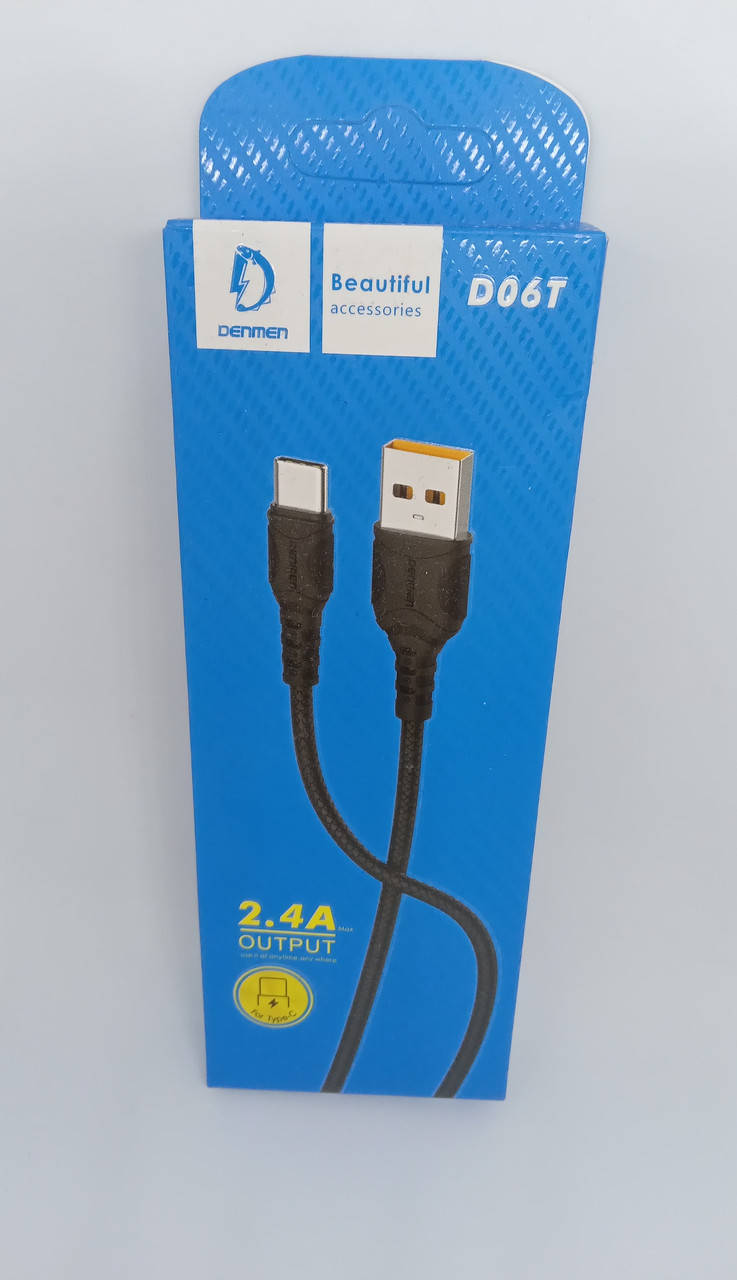

Зарядний кабель Тип-С USB Cable Denmen D06T 2.4A Type-C 1m чорний, Черный