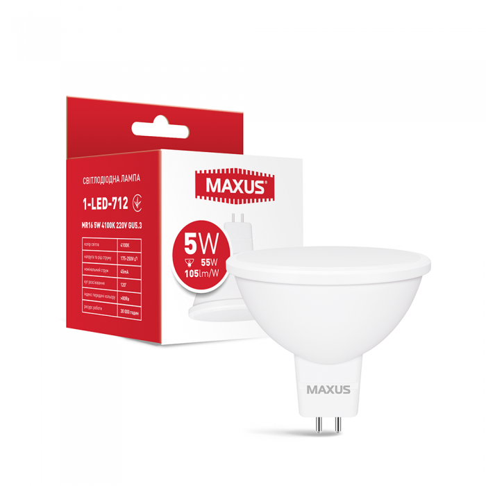 

Лампа світлодіодна MAXUS 1-LED-712 MR16 5W 4100K 220V GU5.3