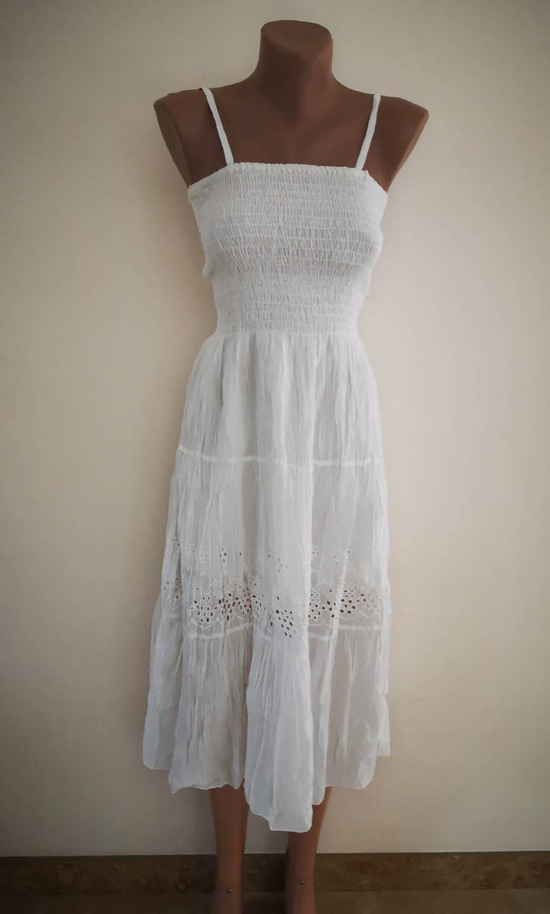 

Женский белый сарафан. Кружевово, гафре. . Хлопок 100%. Индия