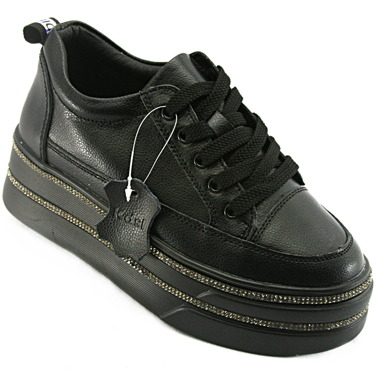 

Кроссовки женские чёрного цвета на оригинальной платформе с камнями материал пресс кожа 38, Черный