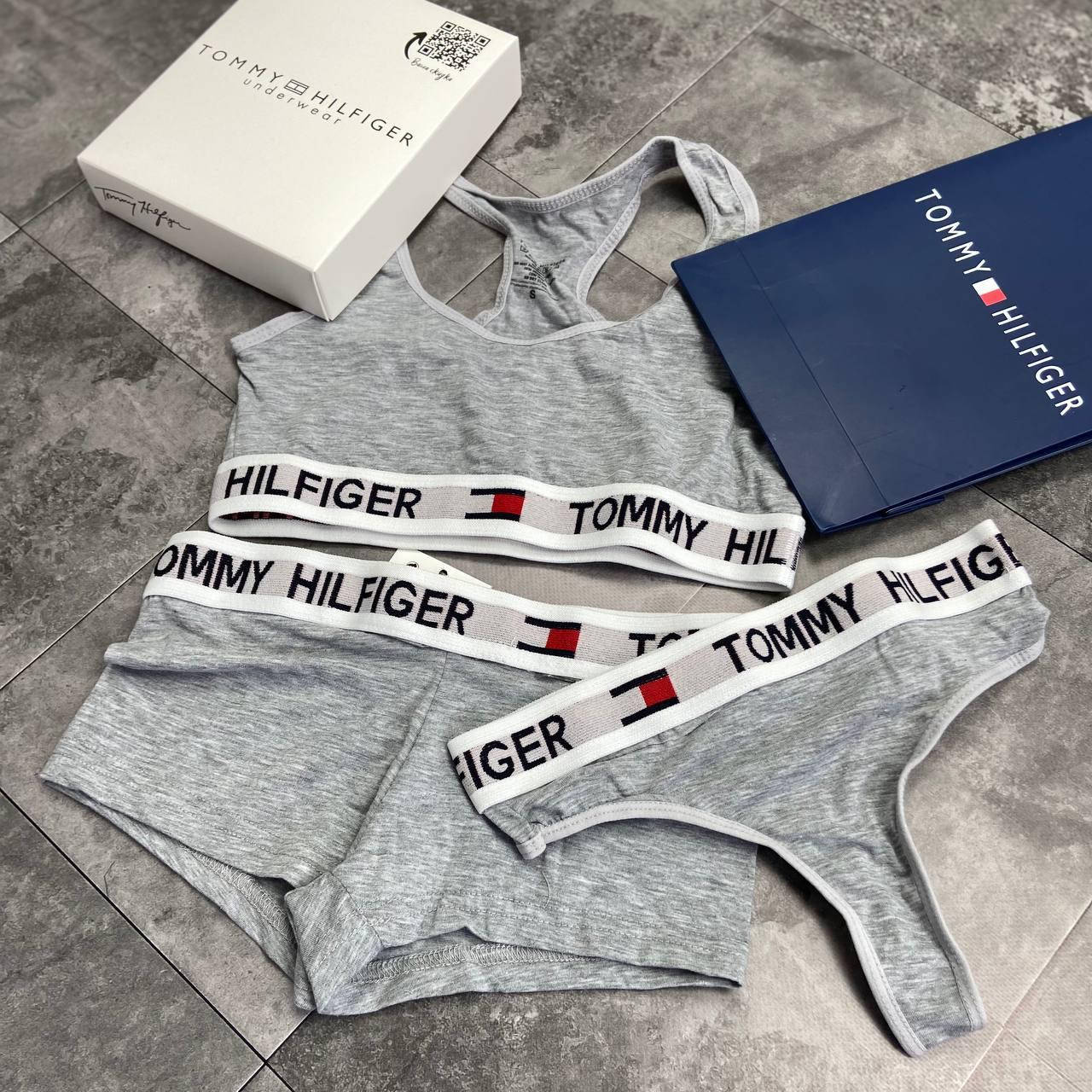 

Женски комплект 3в1( топ+стринги+шортики) + коробка, Серый