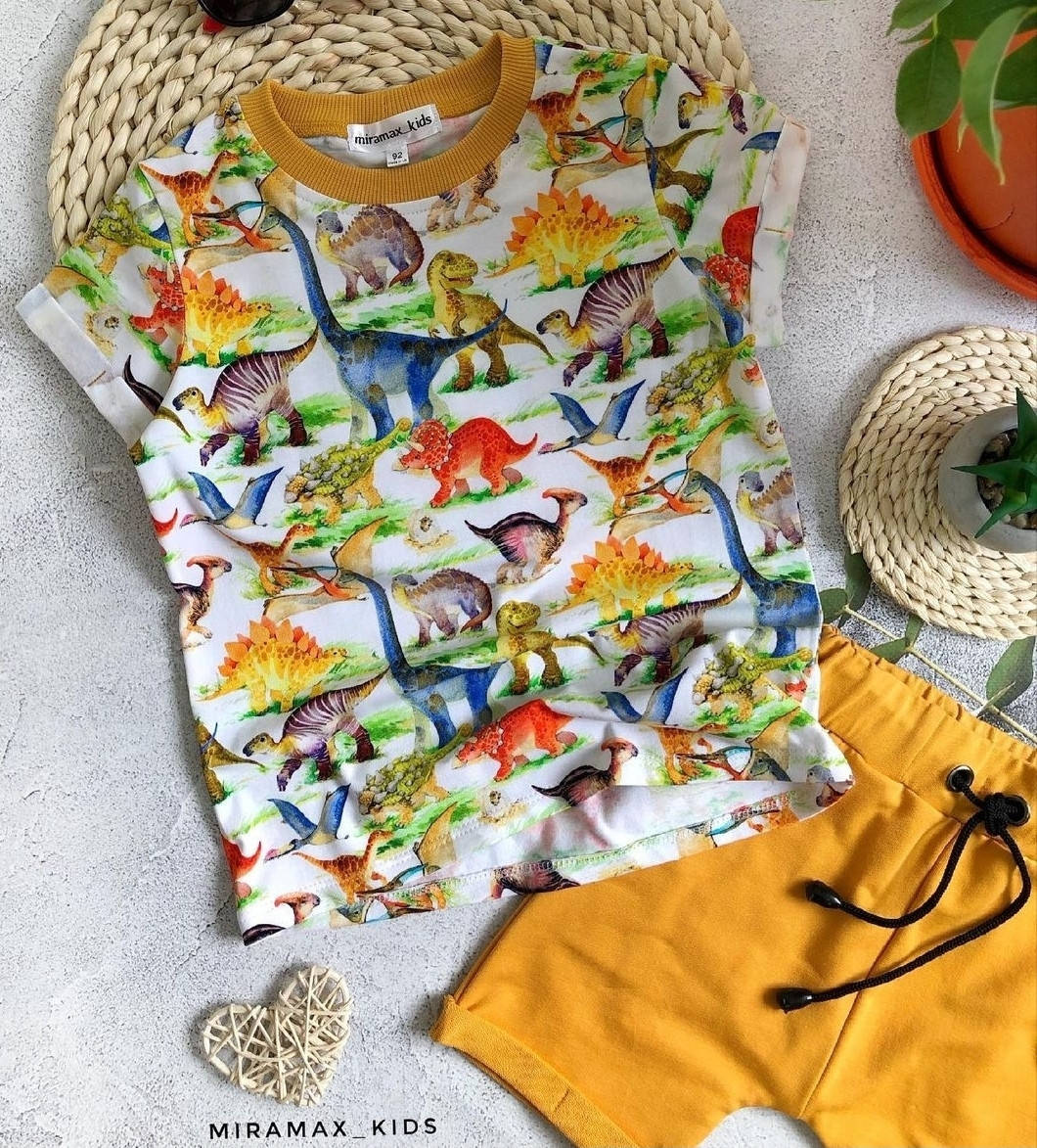 

Футер двунитка "Цветные динозавры на белом" - 185см. (диджитал), Белый