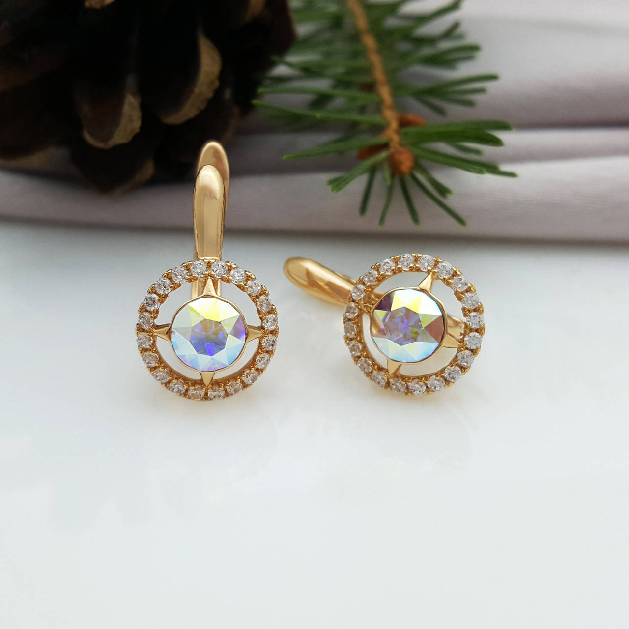 

Серьги Круг с розовым Swarovski, англ.замок, медзолото Xuping, 18К