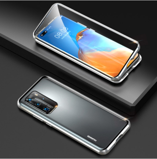 

Магнитный металлический чехол FULL GLASS 360° для Huawei P40 Pro / Серебристый